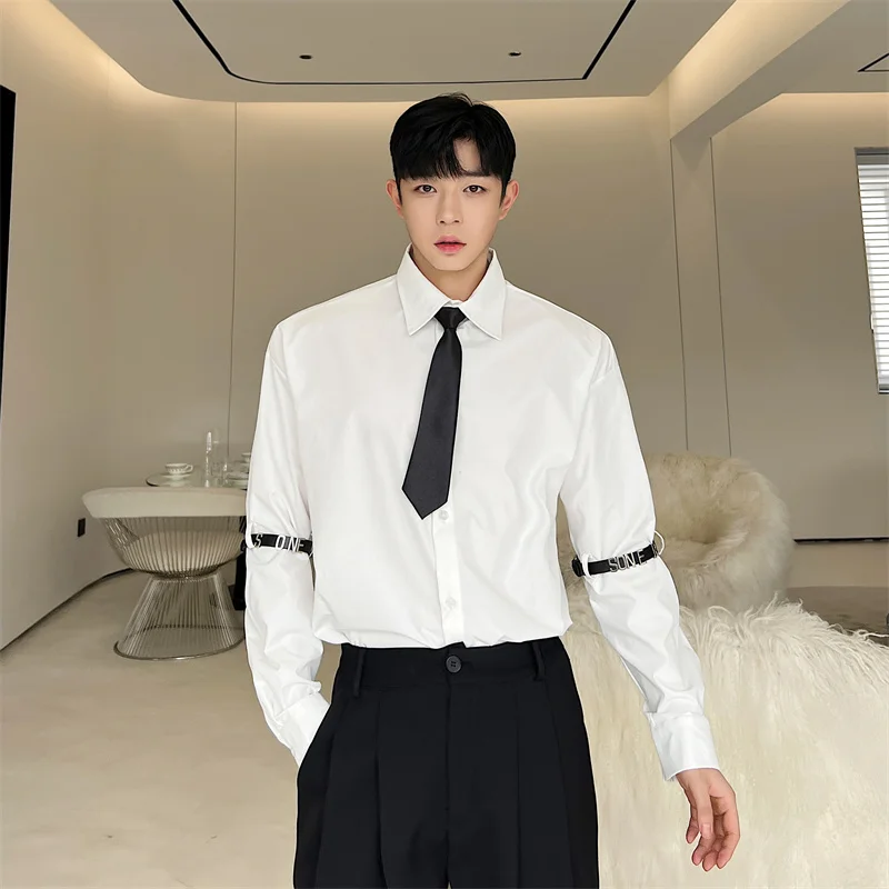 

Men's Dr irt with Tie Korean College Sle Briti Design White irt Hairst Haome Top Trendy Long Sve arp ...