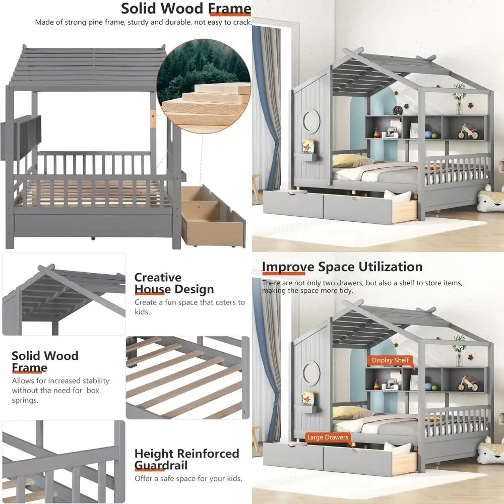 

Детская кровать-домик с окном и местом для хранения, серая, 78 длина x 58 ширина x 72 высота (дюймы)