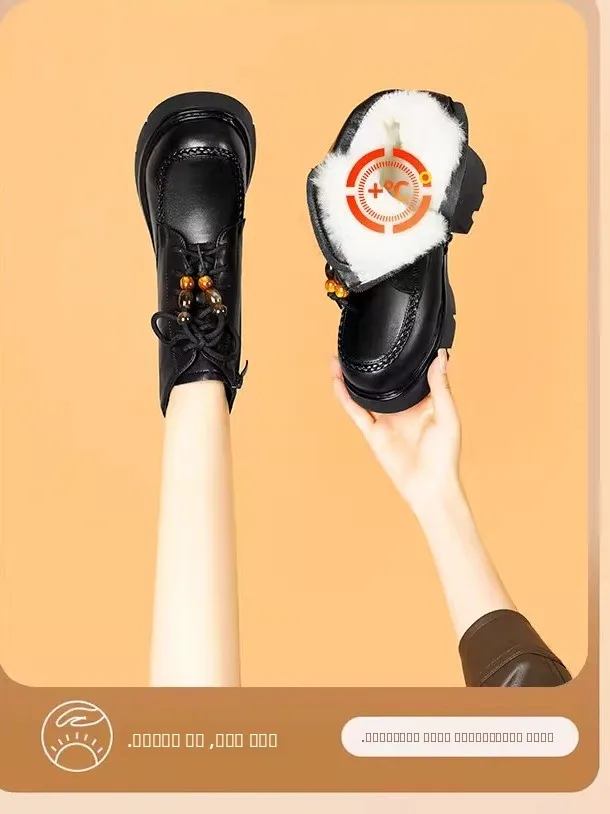 

Warmth Boots Women's Genuine Leather Fur Inteated Thi Heel Snow Boots Winter Cotton Leather oes round Toe Boots