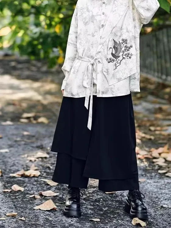 New Chinese Style Men's Wide Leg Pants Trousers Layered Design