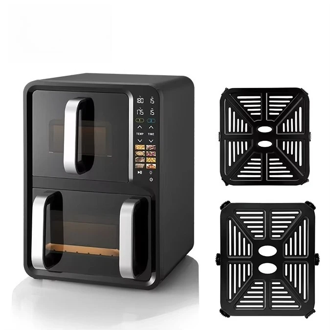 Fritadeira de ar com duas câmaras, capacidade de 12 litros, revestimento de teflon, controles independentes, cozimento rápido, ecrã tátil, desligamento automático.