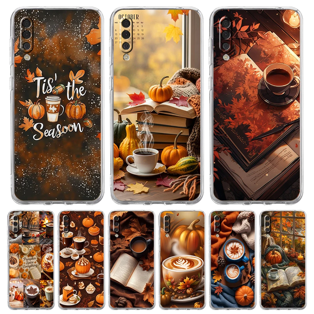 Pumpkin Autumn Leaves Coffee Soft TPU for Samsung Galaxy A13 A15 A21S A22 A23 A25 A31 A32 A33 A35 A55 A17 Transparent Phone Case