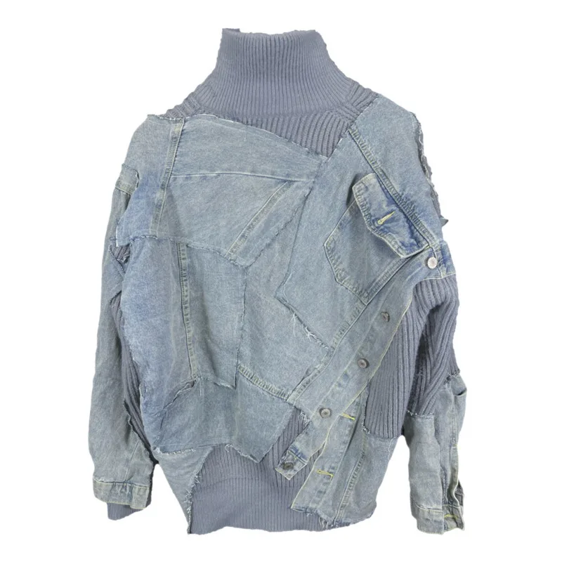 ANJY Autumn Winter New Niche Design Thickened Turtleneck Zipper Patchwork Denim Jacket Trendy High-End Unisex Casual Coat A16093