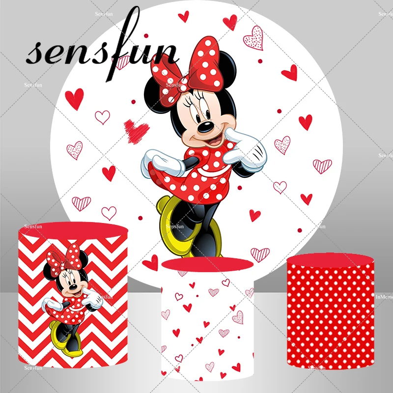 Red Minnie Mouse Round Backdrop Cover Little Heart Girls Baby Shower Birthday Party Background Cake Table Plinth Covers Elastic