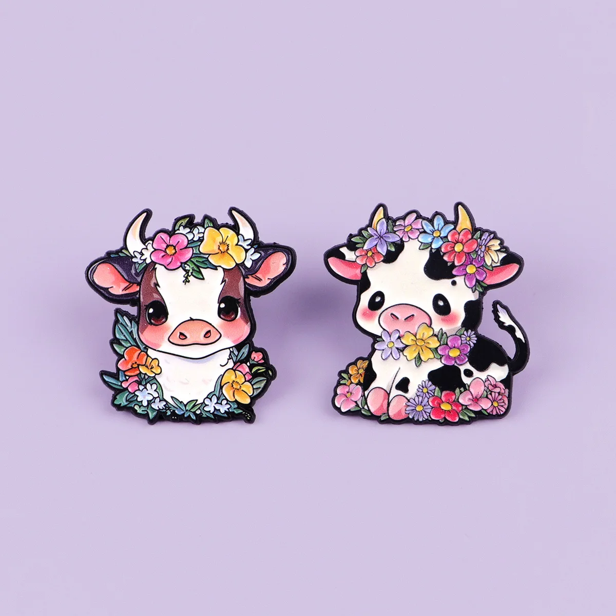 2 stücke Blumen Tier Emaille Pin Cartoon Kuh Brosche Für Mantel frauen Broschen Mode Revers Abzeichen Schmuck Geschenk für freunde