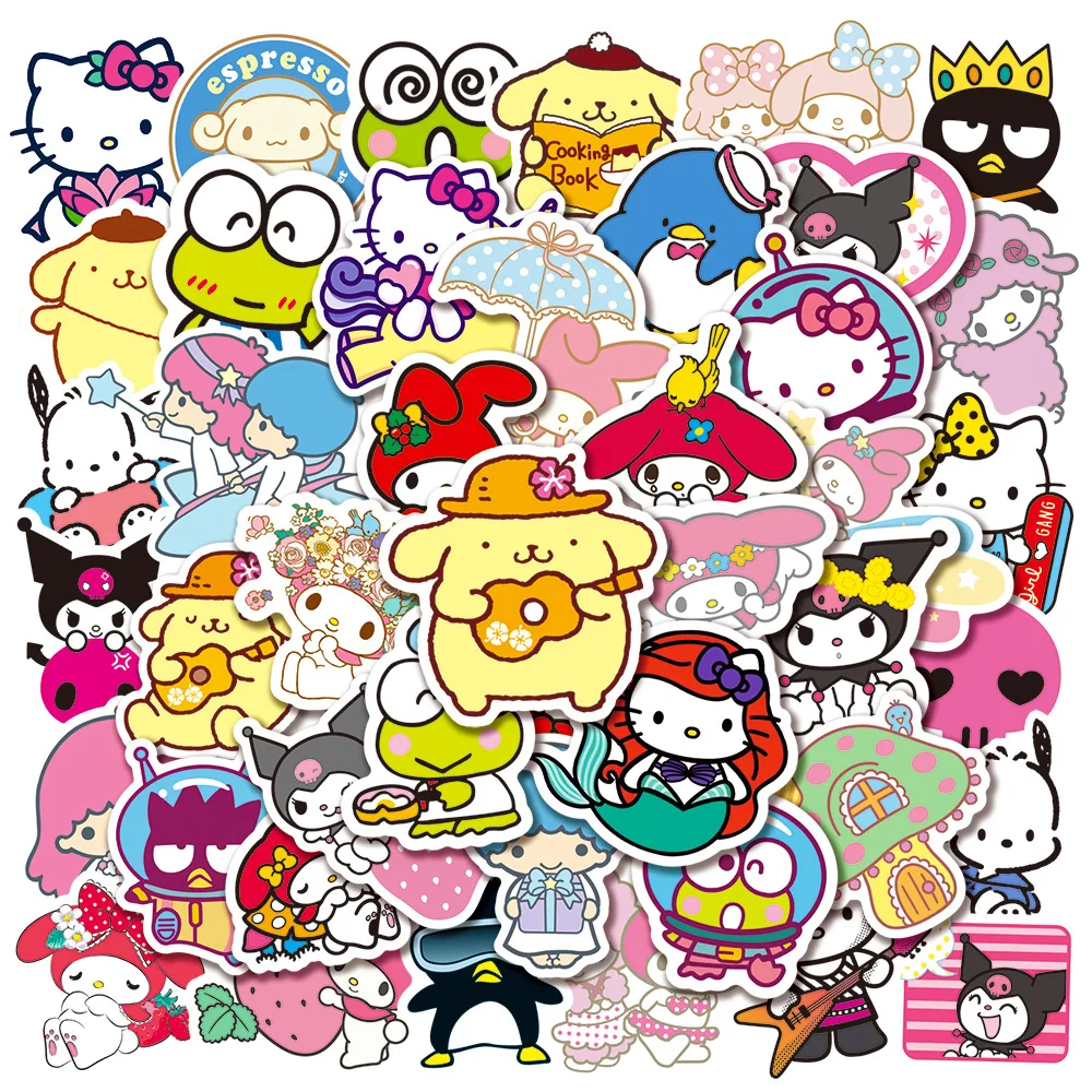 50Pcs/Set Kawaii Sanrio Stickers Anime Cartoon Hello Kitty Kuromi My Melody Diy Material Waterproof Graffiti Stationery Sticker