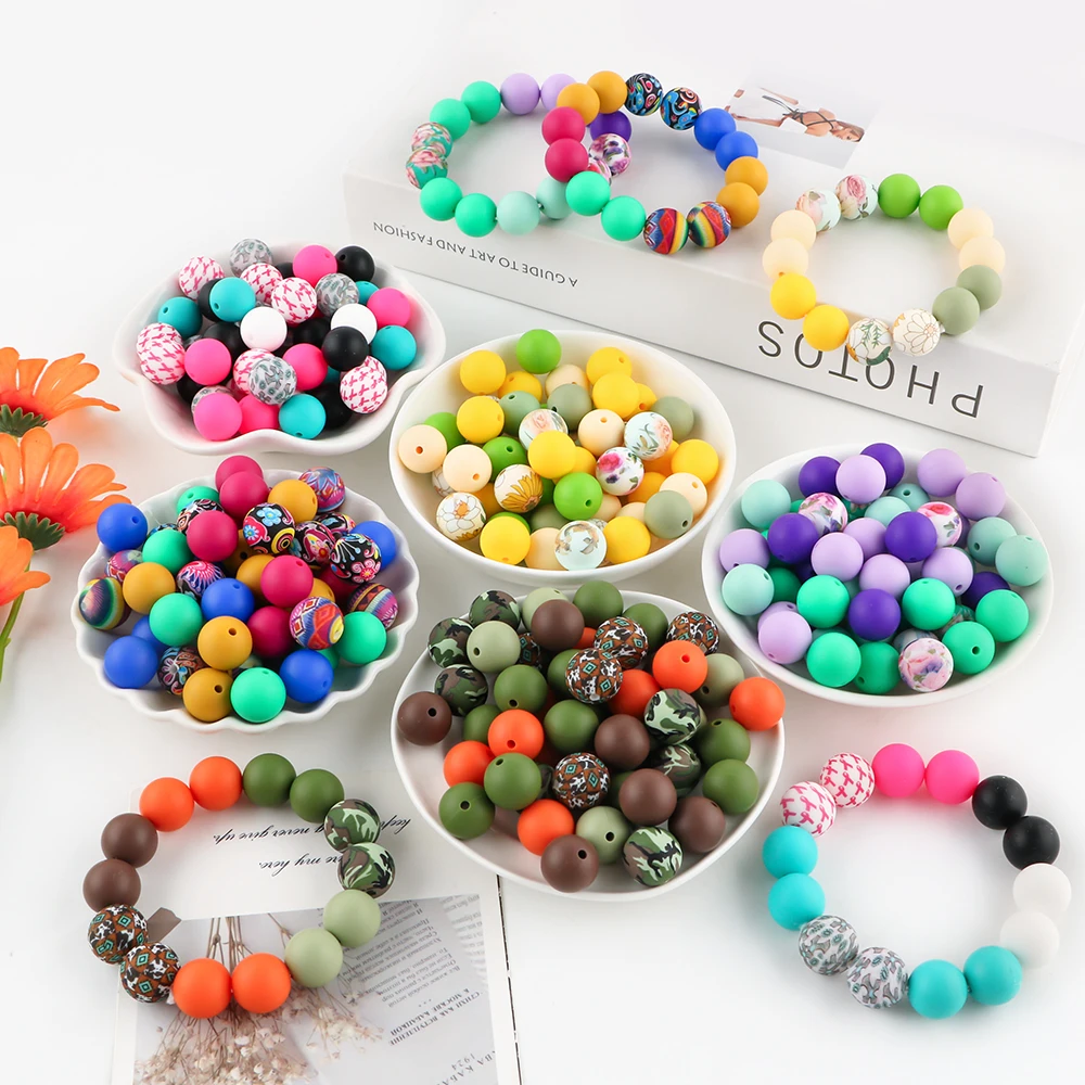 

30Pcs/Lot New Silicone Beads 15mm Mix Round Printed Beads Kits For Jewelry Making DIY Necklace Bracelets Jewelry Accessories