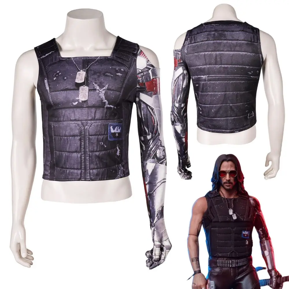 2077 Silverhand Johnny Cosplay Fantasia Costume Disguise for Adult Men T-shirt Vest Roleplay Outfits Halloween Carnival Suit