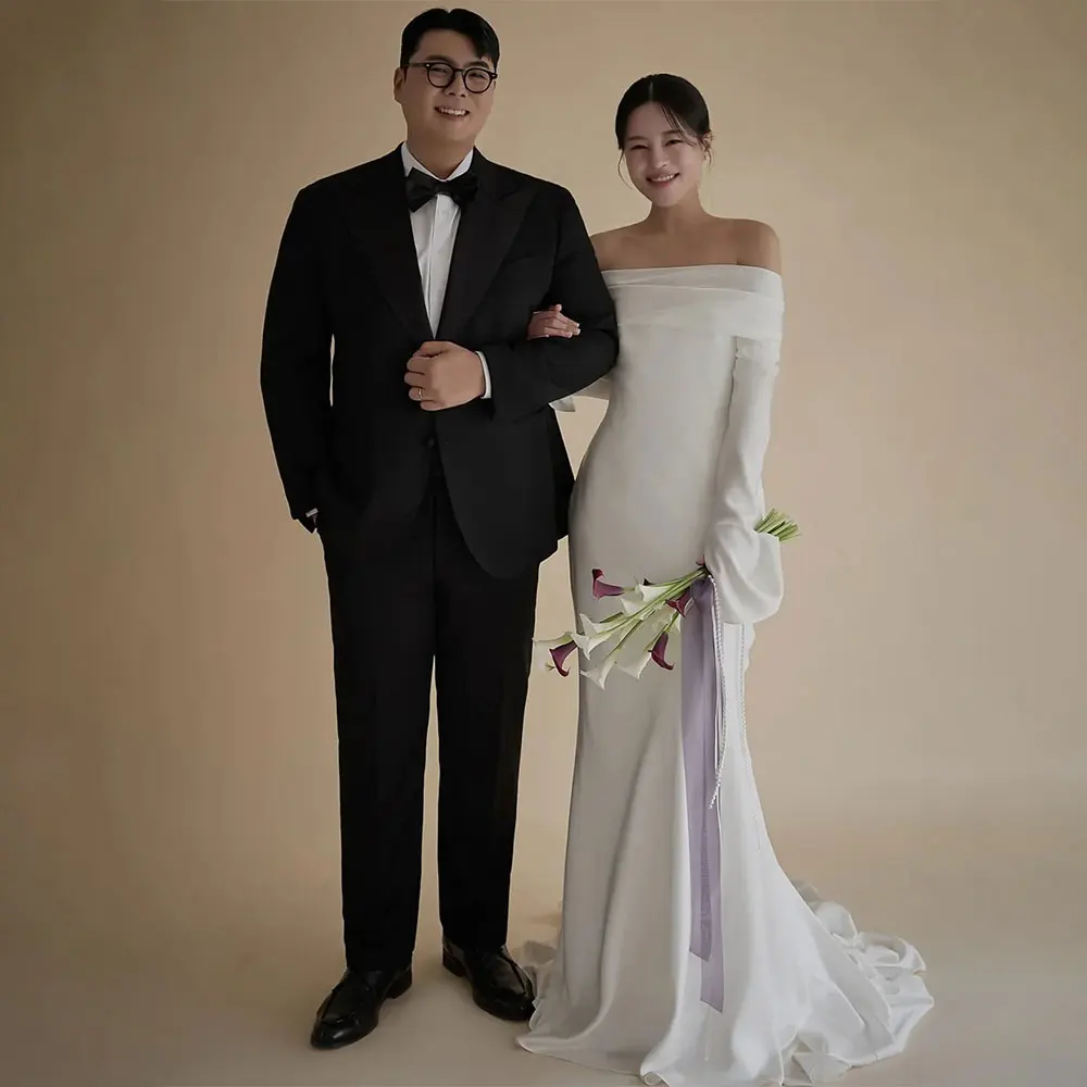 Fancy Simple Korea A Line Wedding Dress Elatic Satin Off Shoulder Prom Gown Back Corset Wedding Party Dresses Customized