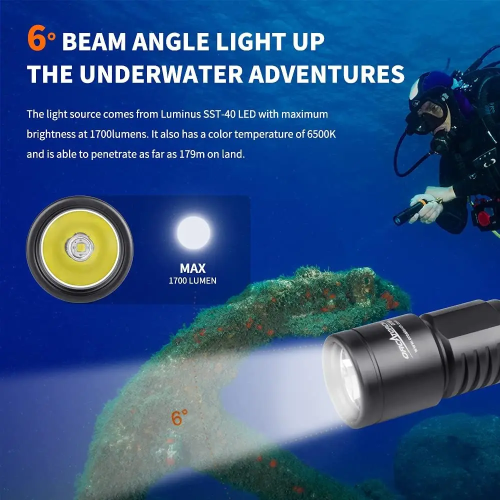 ORCATORCH D700 Professional Diving Flashlight Underwater Lantern Scuba Diving Light Rechargeable Battery Powerful LED Flashlight