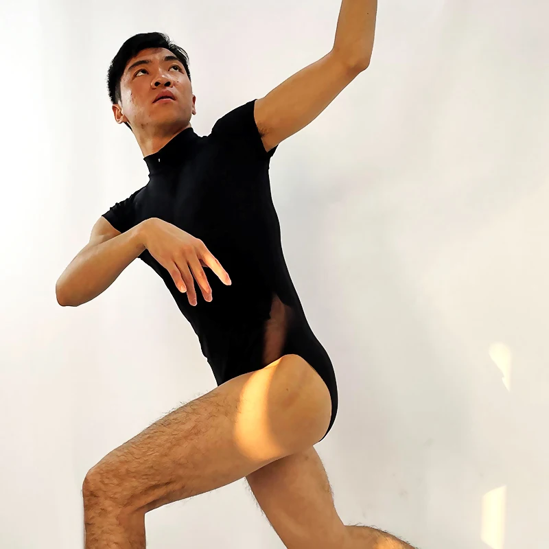 Ritskraag, balletoefenpak met korte mouwen, eendelig danspak voor volwassenen, nauwsluitend pak, huidskleur, V-hals