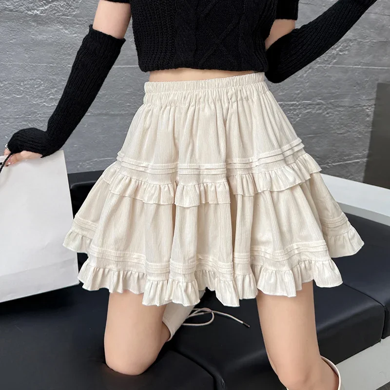 Sweet Velvet Mini Skirts for Women Elastic High Waist Fashion All-Match A-line Skirt Spliced Folds Solid Color Puffy Cake Skirts