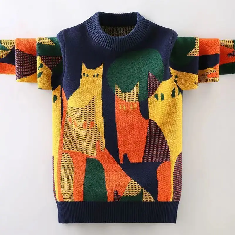 Boys' Sweater Autumn and Winter Clothing 2023 New Medium and Large Children Fleece-Lined Thickened Bottoming Shirt Teenagers