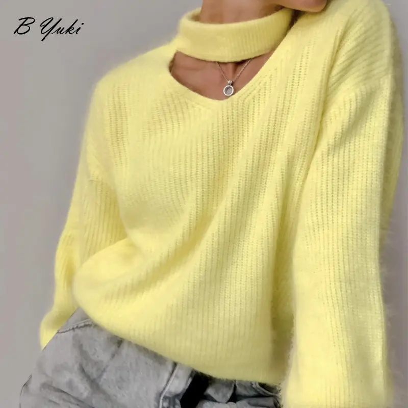 Blessyuki Soft Imitation Mink Down Knitted Sweaters Women Basic Loose V Neck Lazy Pullovers Ladies High Quality Warm Chic Jumper