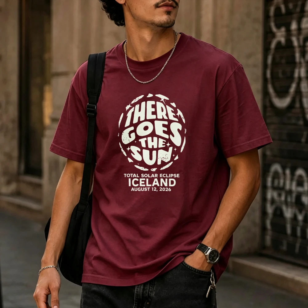 There Goes The Sun Iceland 2026 Total Solar Eclipse Men Cotton T-Shirt Vintage Circle Distress Astro Text Graphic Daily Top