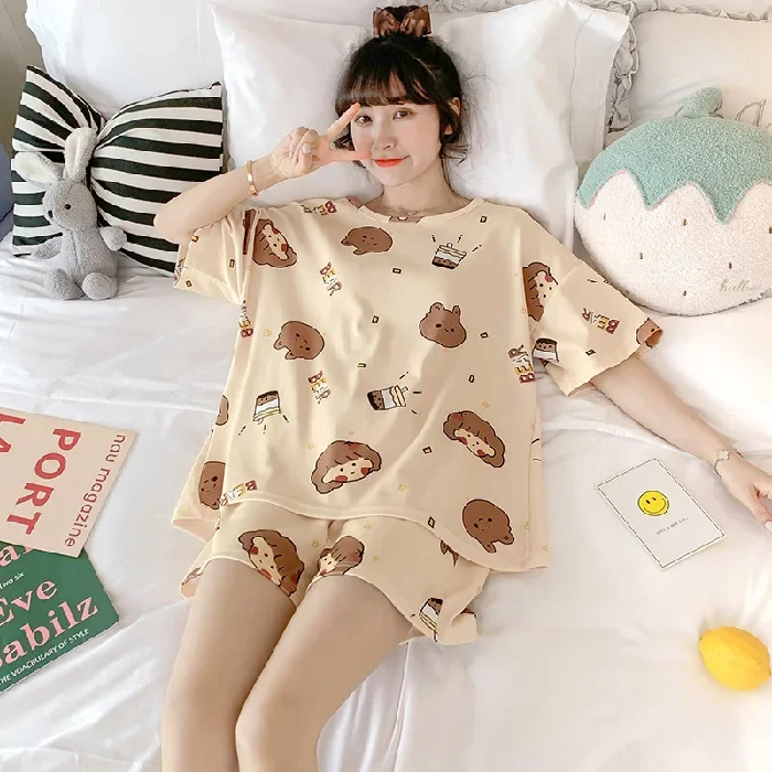 New Summer Women's Pajama Set Shorts Sleeves Thin Home Clothes Korean Style Sleepwear Cute Student Two-piece Suit