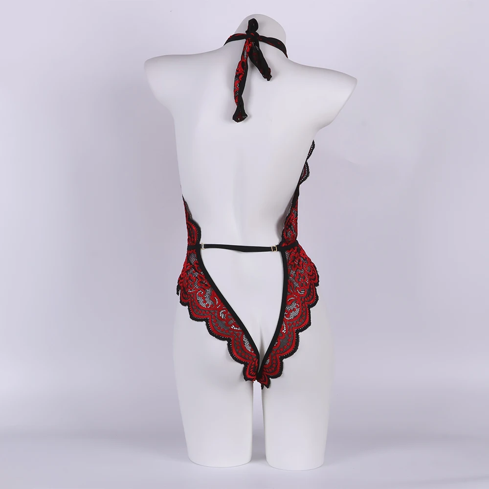 ملابس داخلية مثيرة مطرزة بألوان من الدانتيل، بدلة قفز مثيرة برباط بدون ظهر، مجموعة ملابس داخلية عميقة على شكل حرف V بدون تأخذ