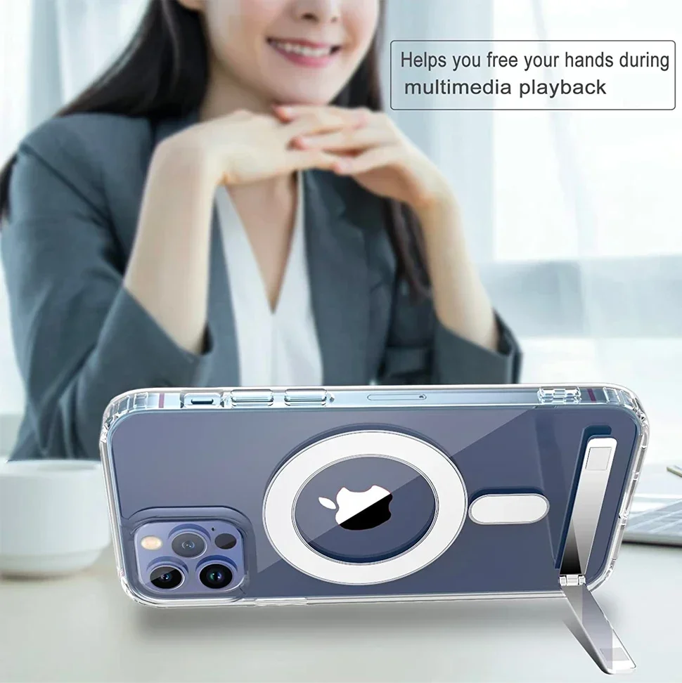 Прозрачный магнитный чехол для телефона iPhone 16 15 14 Pro Max Plus 13 12 11 Mini с металлической подставкой для беспроводной зарядки задней крышки