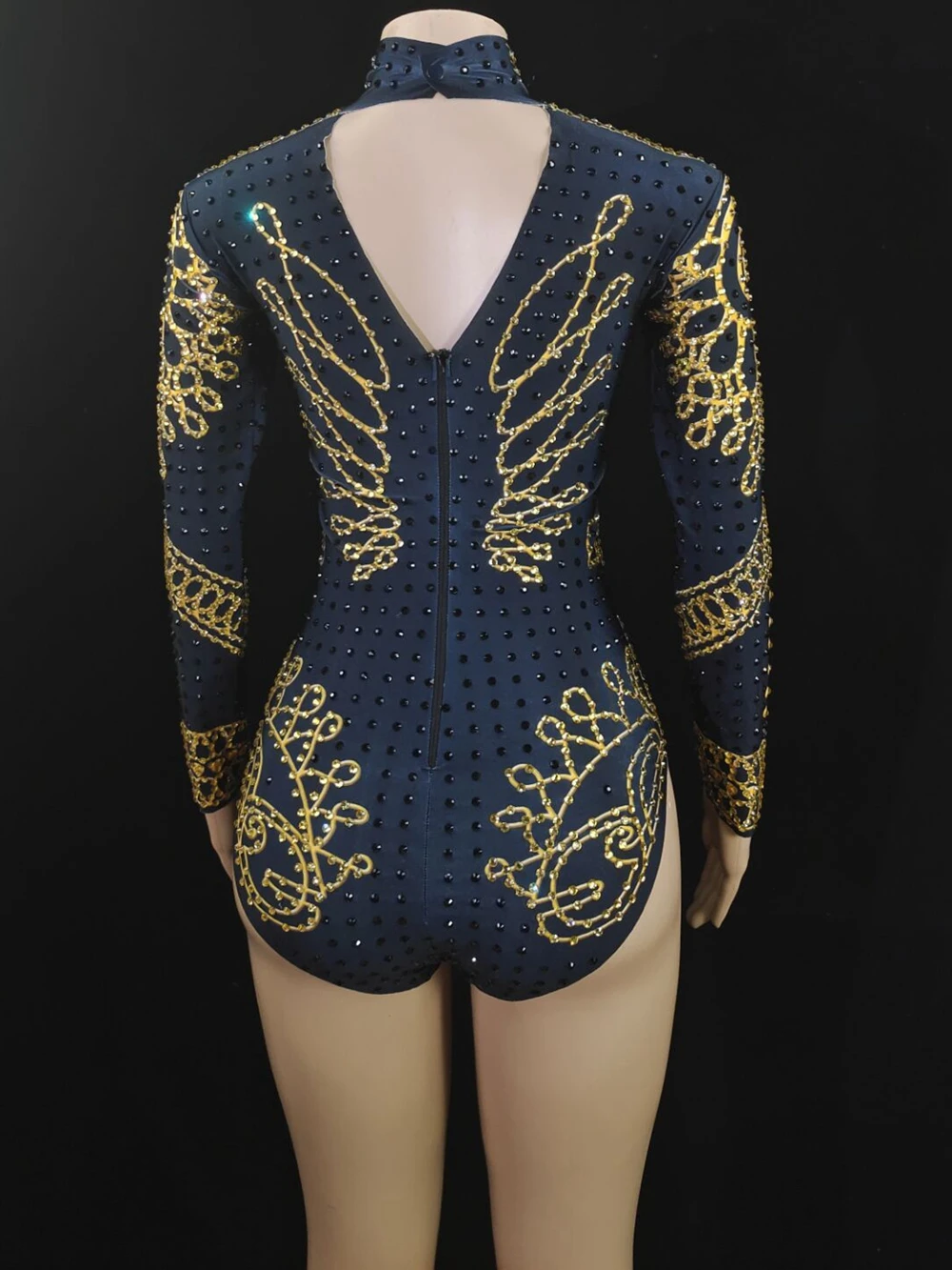 Sparkly Gold Rhinestones สีดำ Leotard แขนยาวหญิงเต้นรำเครื่องแต่งกายนักร้องเวทีแสดงสวมใส่ไนท์คลับชุด