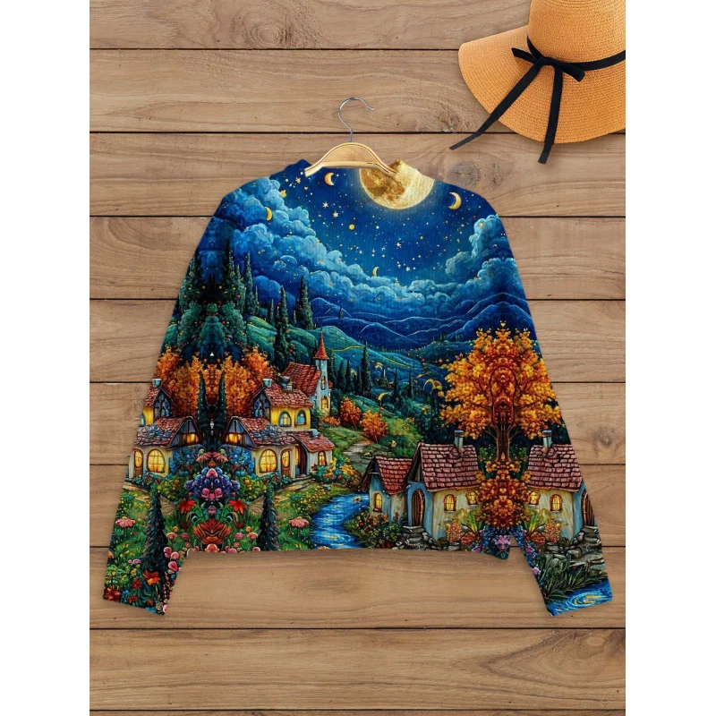 

Sweet Starry Sky Moon Floral Pattern Digital Print Women Sweater Knit Pullover Loose Crew Neck Long Sleeve Thick Autumn Winter
