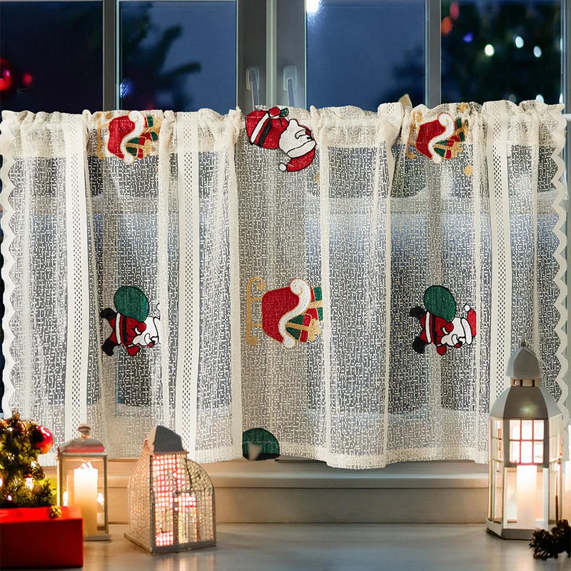 American Christmas Bell Embroidered Lace Semi Sheer Cafe Curtain Kitchen Window Short Curtain Holiday Home Decoration Decor