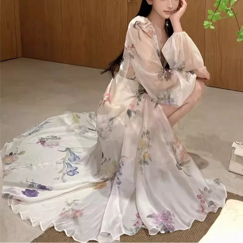

Loose Long Sleeve Floral Maxi Chiffon Dress Women Summer Autumn Single Breast Pearl Embroidery Print Prom Evening Dresses Party