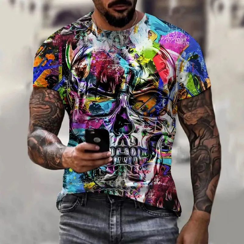 2023 summer New Men\'s Retro round neck T-shirt 3D Print Skull Pattern Trend Fashion Loose  Short Street Sleeve Tops Men Garment