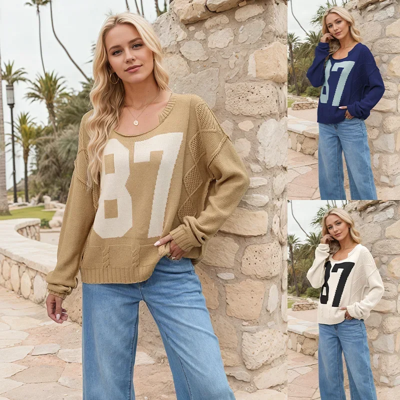

2025 European and American new sweaters for women wishes hot selling round neck digital loose fashion pullover knitted sweater