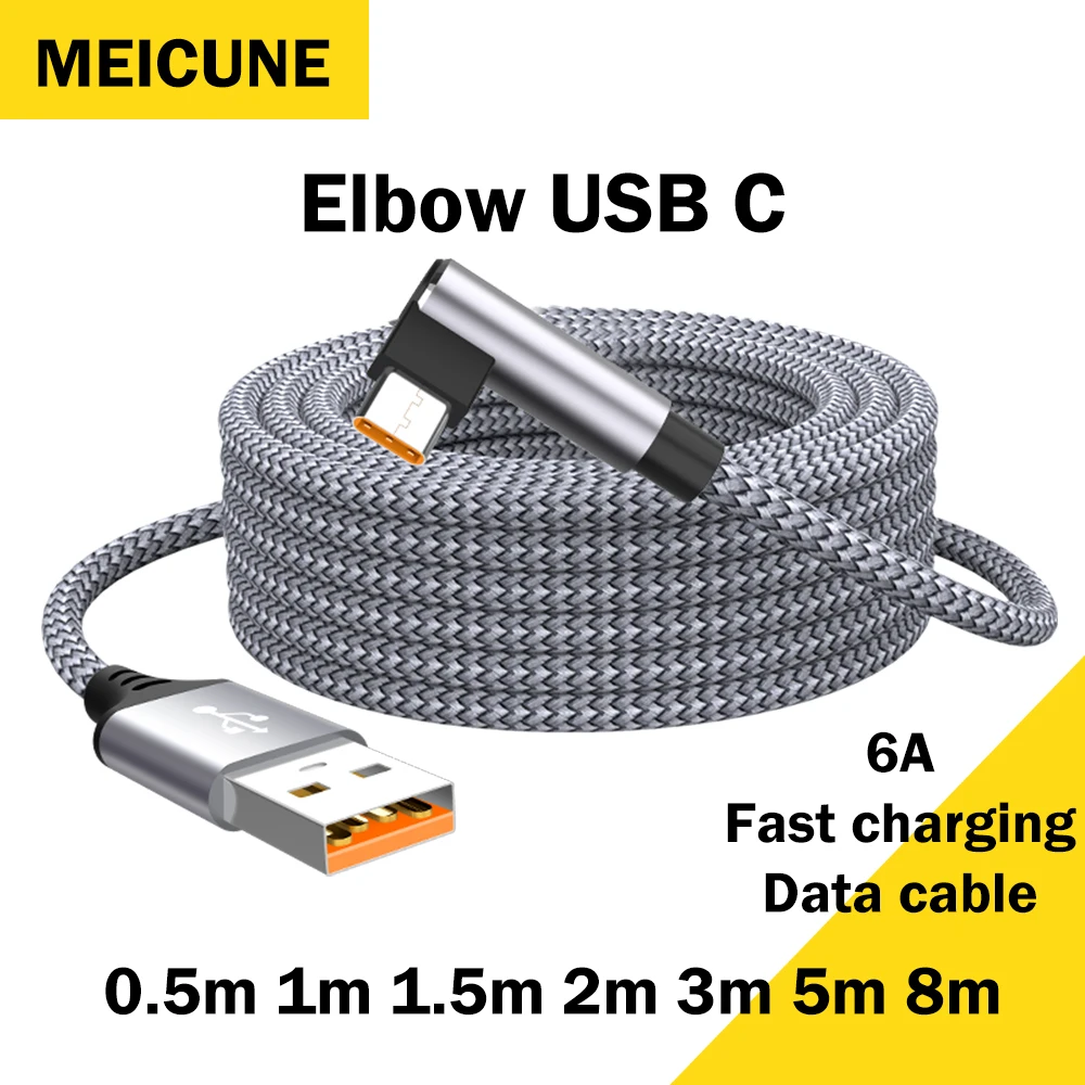 6A USB C Elbow Type C 120W Fast Charge Cable 3m 5m Phone Extend Charging Cable for Samsung Huawei Xiaomi Oppo OnePlus VR Camera