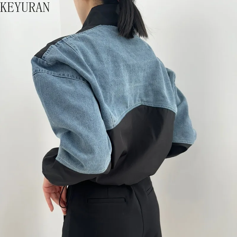 2024 Spring Korean Chic Retro Color Contrast Patchwork Denim Jacket Coat Women Clothes Casual Loose Long Sleeve Crop Tops Female