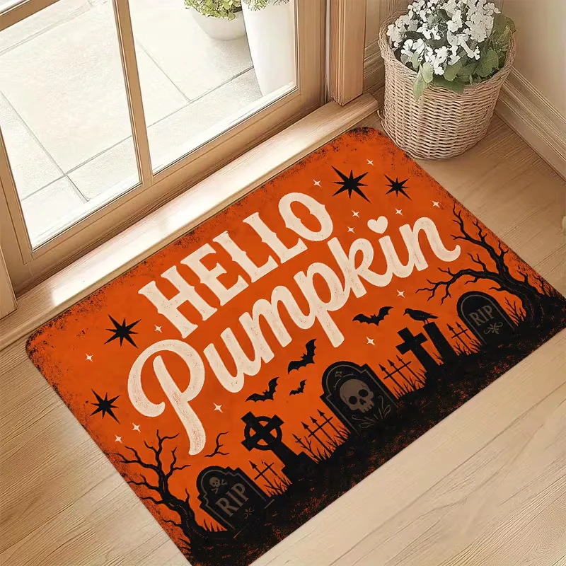 Hello Pumpkin Halloween Doormat Retro Tombstone Bat Crow Print Entrance Mat Holiday Home Carpet for Front Door Porch