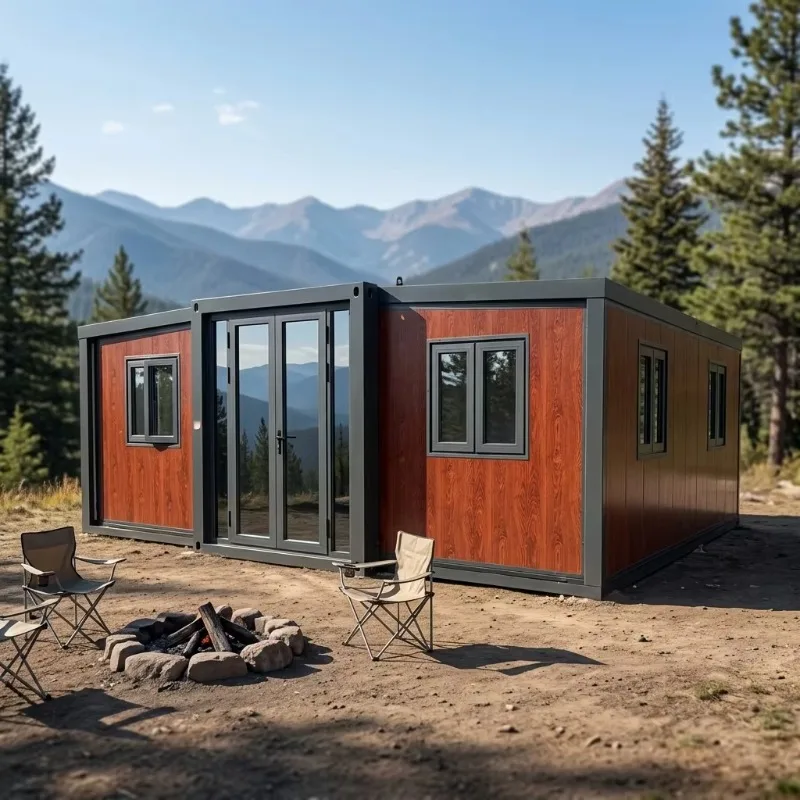 20Ft Double Wing Expandable Container House Steel Structure Iron Frame Grey Wall for Camp Granny Flat