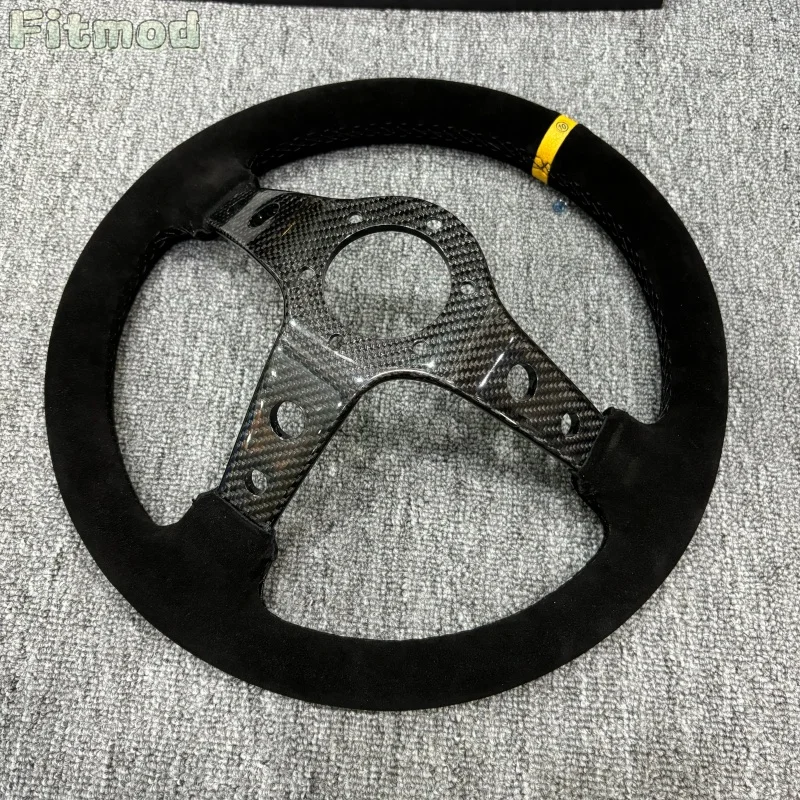 Carbon Fiber Racing Steering Wheel Yellow Stripe Suede 13.5 Inch 340mm Car Sports Steering Wheel Deep Dish 70mm PCD