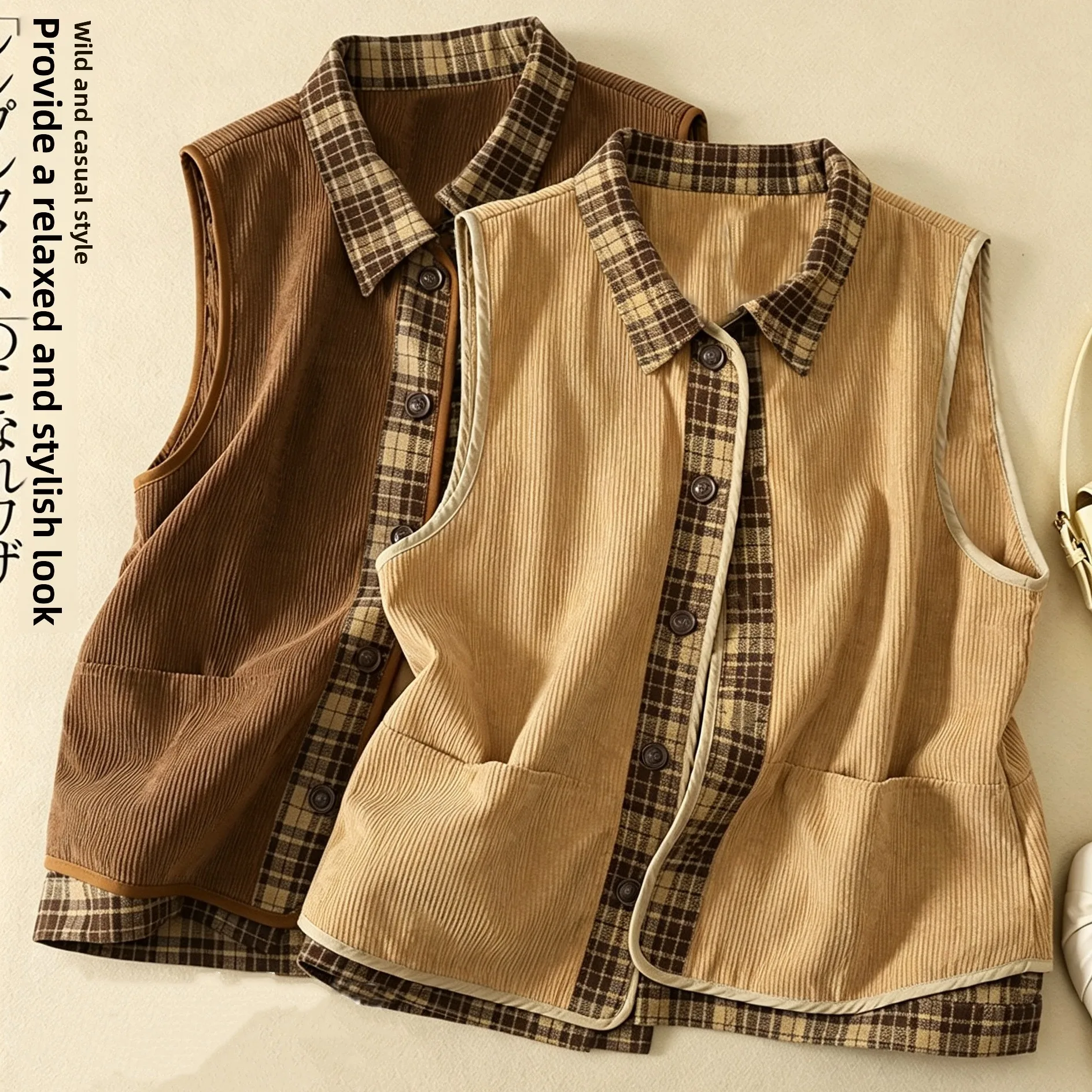 Chic Women's Corduroy Vest Jacket Spring Autumn New Style European Fashion Backless Light Core Top Warm Outerwear Coat