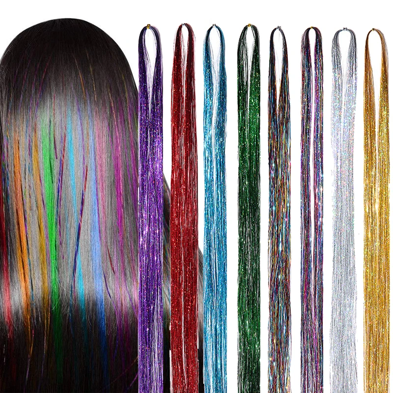 1000Pcs Sparkle Hair Tinsel Rainbow Colored Strands Girls Hair Laser False Hair Extensions Braids Glitter Strips Styling 90cm