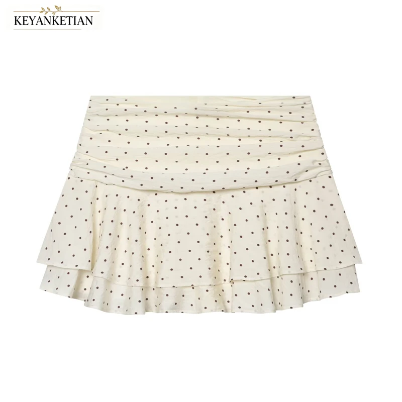 KEYANKETIAN 2026 Polka Dot Tiered Mini Skirt Ruched Wrap Waist Double Ruffle Layer Side Zipper Flowy Y2K Casual Short Skirt