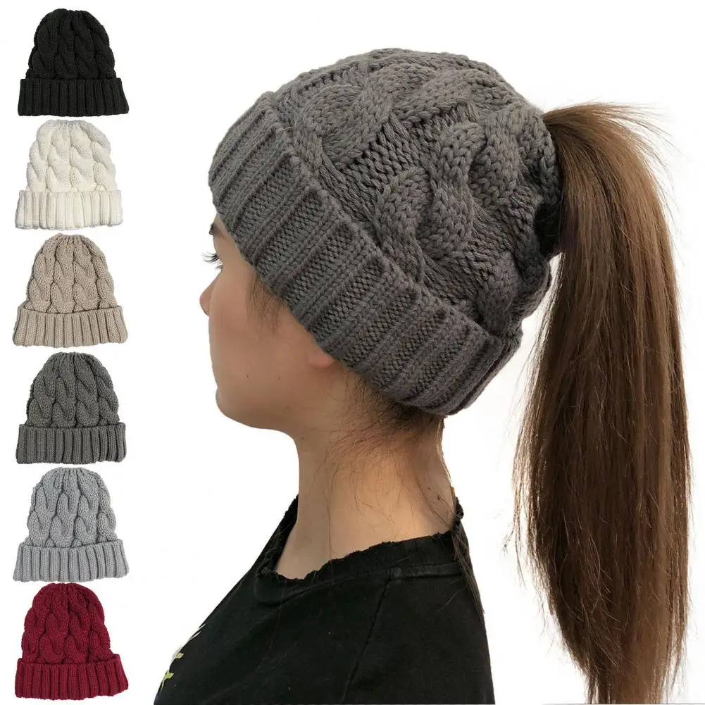 Women Winter Hats Beanies Knitted Girls Cap Twist Crochet Winter Hats Female Elastic Warm Cold-proof Cutout Ponytail Hole Beanie