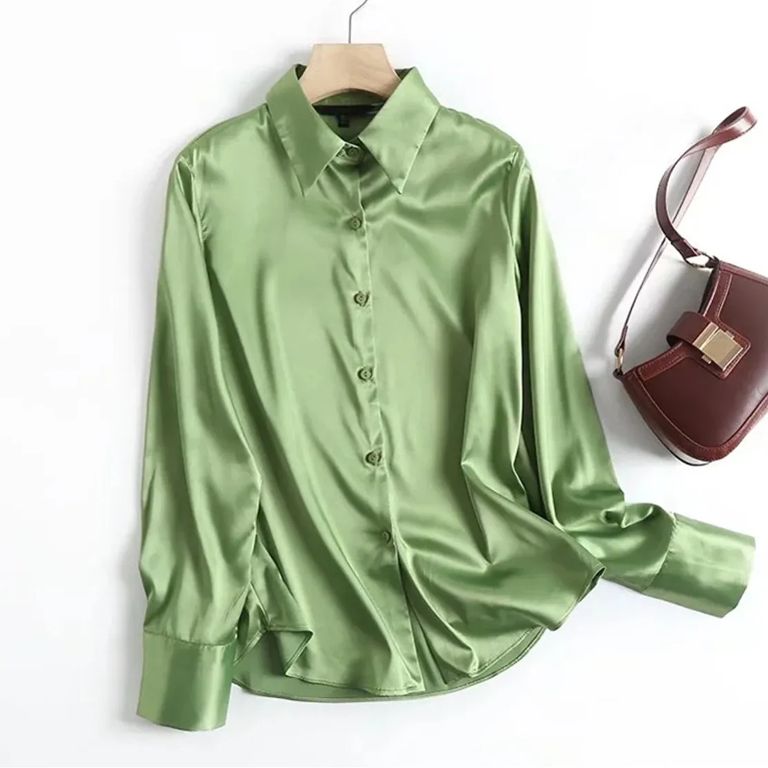 

Dave&Di England Style Fashion BlouseTops Simple Green Color Satin Shirt Long Sleeve Casual Blouse Women