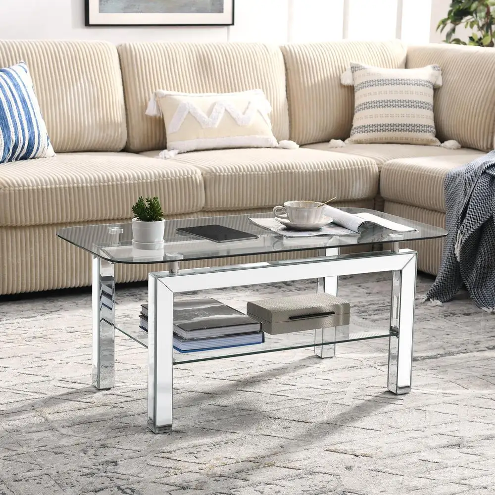 

Modern Rectangle Tempered Glass Coffee Table with Mirrored Stainless Steel Legs for Living Room 40W x 20D x 18H Silver