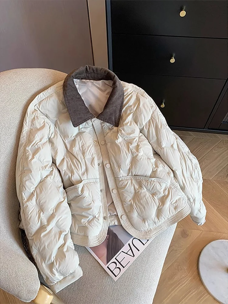 Retro Splicing Turn Down Collar Thickened Cotton Jacket Women Winter Loose Warm Single-breasted Coat Casual Short Cotton Top