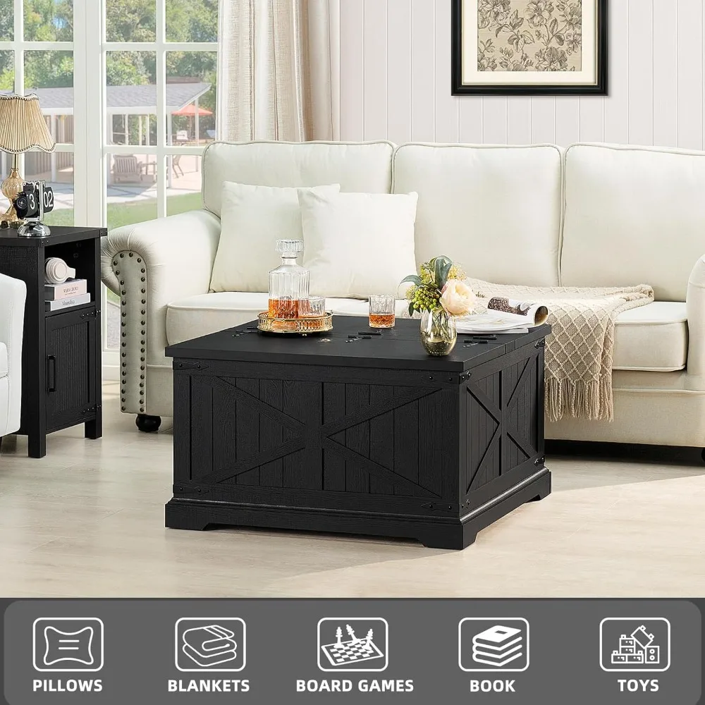 Черный журнальный столик в деревенском стиле с большим скрытым хранилищем, современная квадратная деревянная центральная часть для гостиной