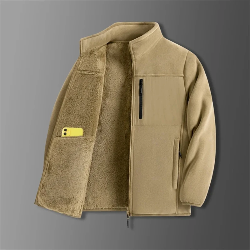Men Autumn/Winter Thermal Polar Fleece Jackets for Thick Patchwork Design Trench Polar Coat Men's Jackets Fleece-Lined Overcoat