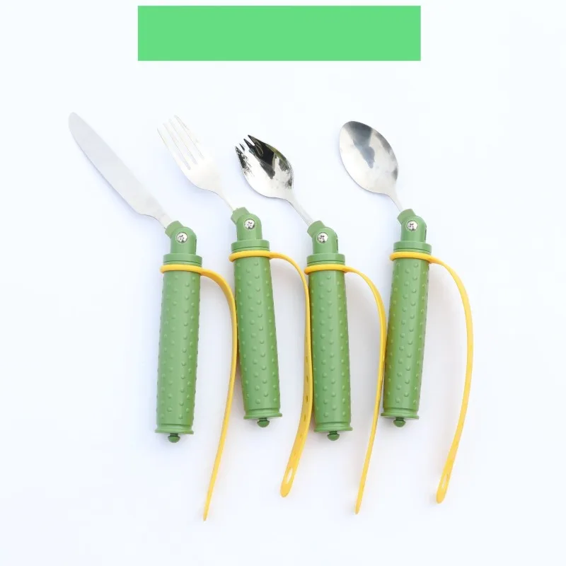 Elderly Eating Aids Fork/Spoon Food Grade Stainless Steel with Anti-drop Skid Safe Straps Adjustable Angle Assistive Cutlery Set