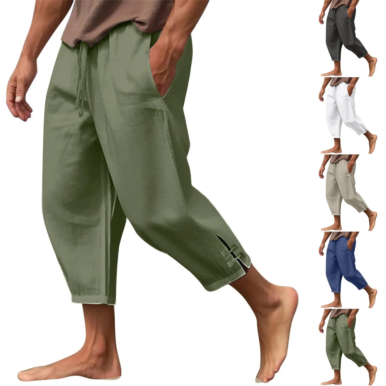 Summer Mens Harem Pants Men Linen Lightweight Streetwear Solid Slit Cuffs Trousers Beach Track Pants Breathable Pants For Men