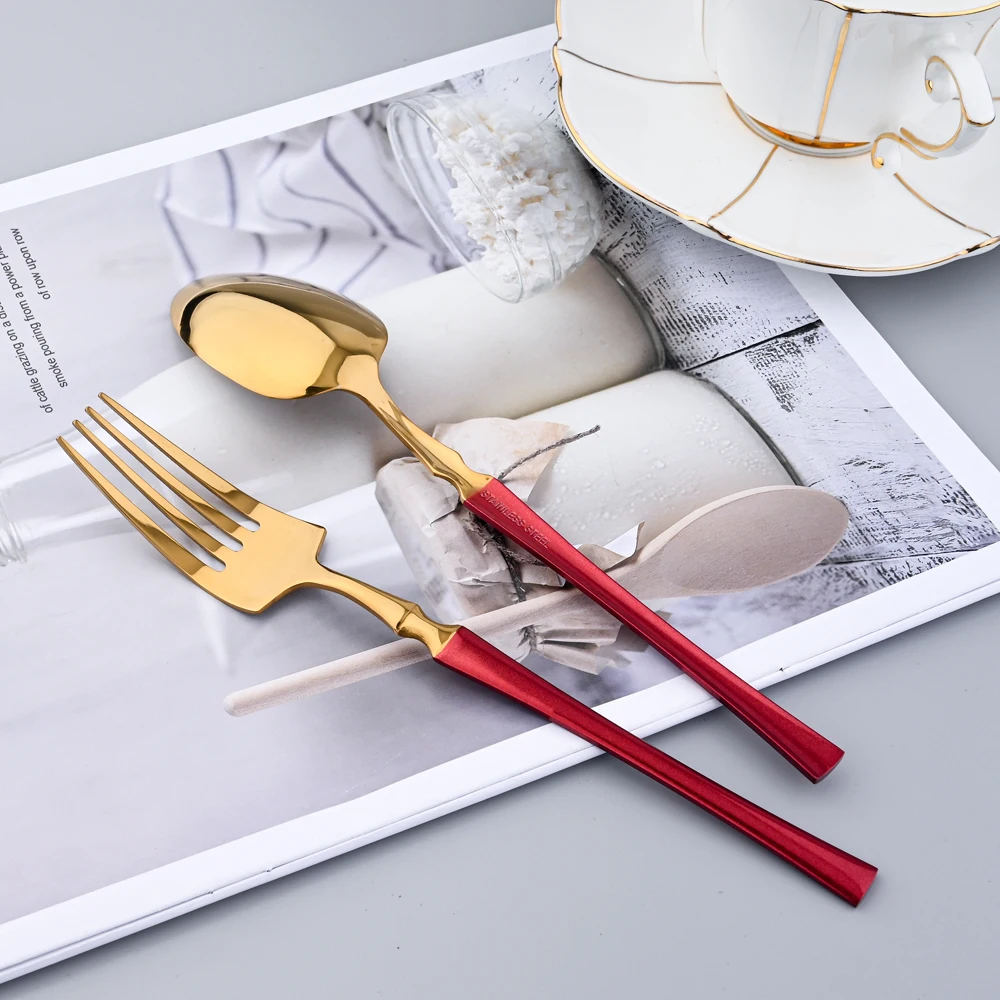 Dinnerware Red Gold Stainless Steel Cutlery Set Tableware Home Dinner Silverware Knife Dinner Fork Ice Spoon Hotel Flatware Set