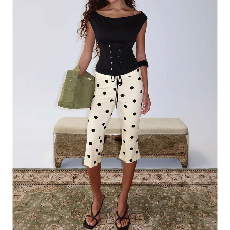 Women Flared Capri Pants Fashion Elastic High Waist Y2k Vintage Dots Print Slim Fit Cropped Pants Trousers Streetwear