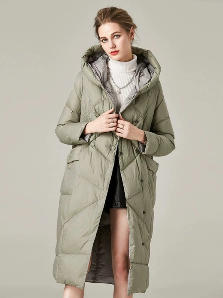 Long Puffer Coats for Women, Hooded Jacket, Lightweight, Loose Down Jacket, Color Clash, Casual Classy Parka, Warm Feather Coats