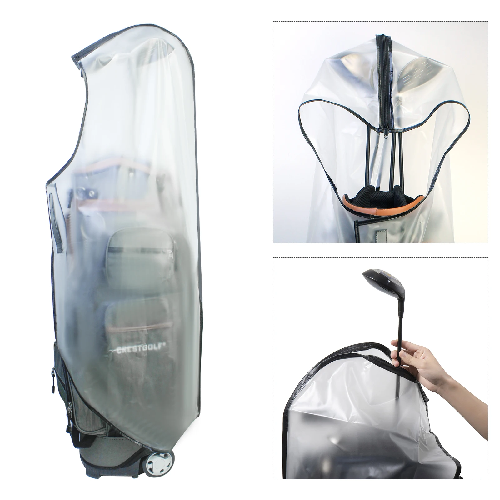 CRESTGOLF Golf Bag Rain Cover Hood with Zipper PVC Clear Rain Cover for Golf Bag & Golf Push Carts & Golf Club Protection Cover