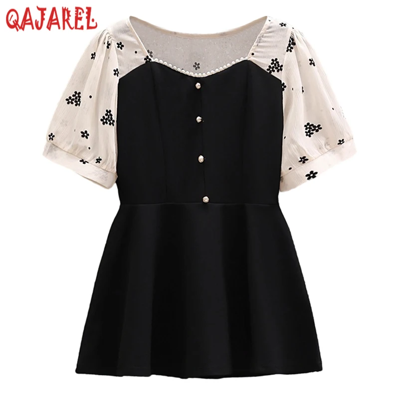 2024 Summer New Black Patchowrk White Short Sleeve Beading Square Collar Blouses Women Kroean Elegant Bodycon Casual Top Shirts