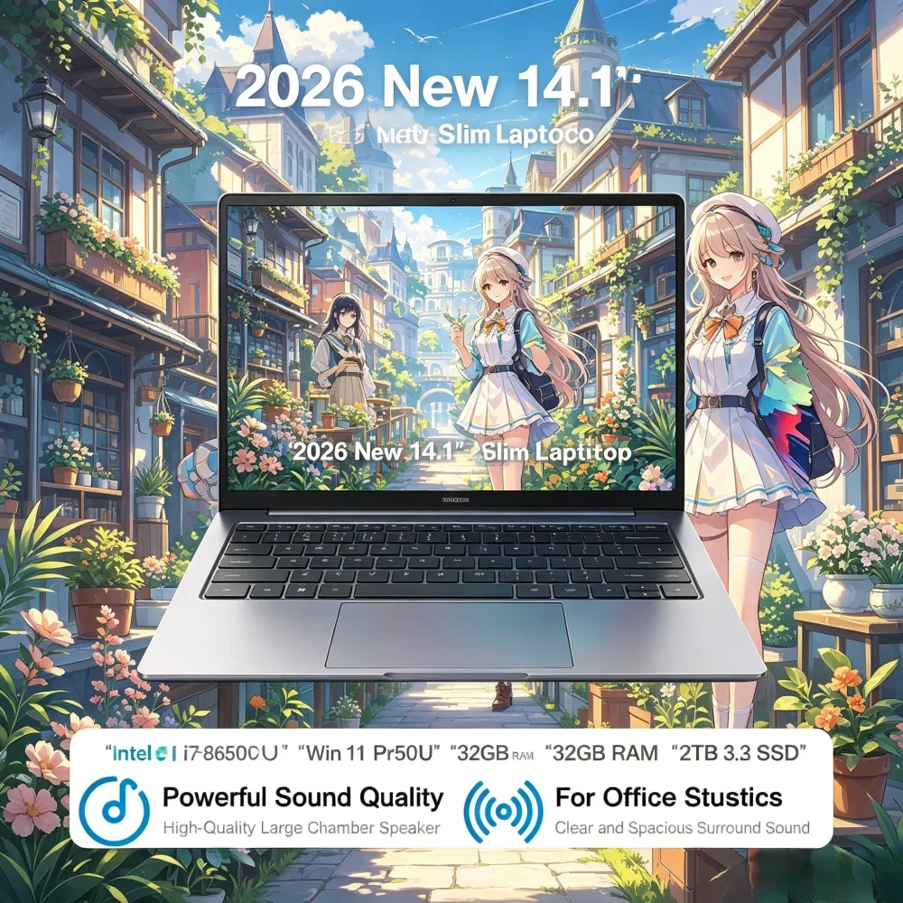 

2026 New 14.1" Slim Laptop Intel i7-8650U Win11 Pro 32GB RAM 2TB M.2 SSD For Office Study